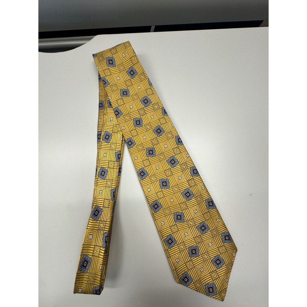 Robert Talbott Best of Class Mens Silk Tie Gold Blue Geometric Hand Sewn USA 4in
